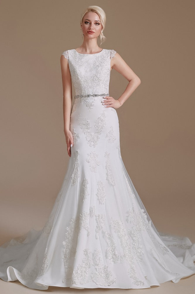 White Crew Neck Cap Sleeve Lace Long Mermaid Wedding Dress