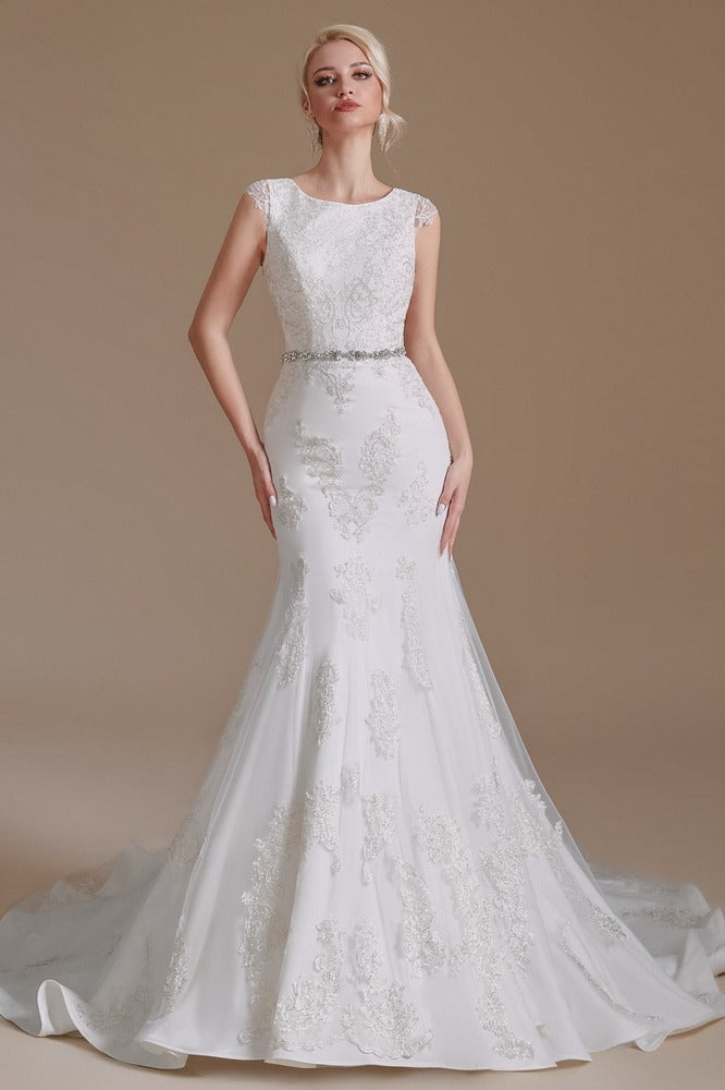 White Crew Neck Cap Sleeve Lace Long Mermaid Wedding Dress