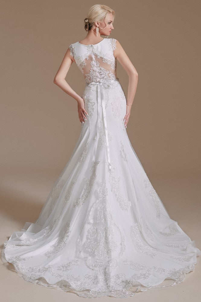 White Crew Neck Cap Sleeve Lace Long Mermaid Wedding Dress