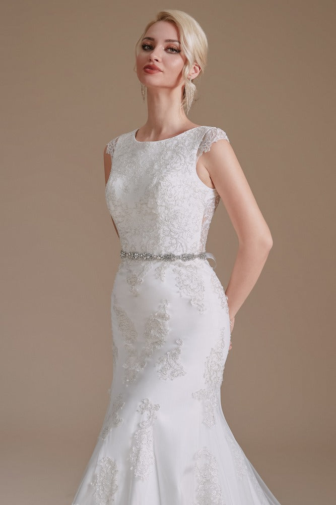 White Crew Neck Cap Sleeve Lace Long Mermaid Wedding Dress