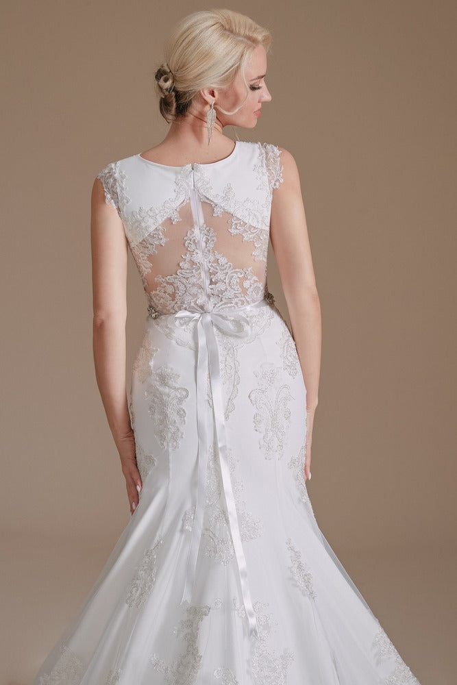 White Crew Neck Cap Sleeve Lace Long Mermaid Wedding Dress
