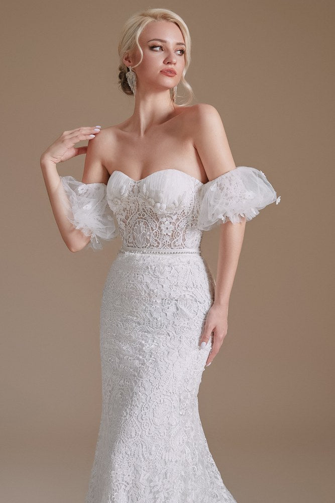 White Strapless Lace Mermaid Wedding Dress with Detachable Sleeves