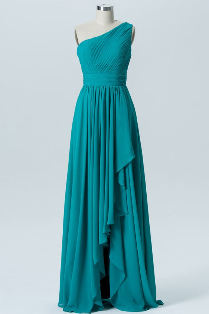 Turquoise One Shoulder Ruffle Bridesmaid Dress with Slit Movousdress Turquoise One Shoulder Ruffle Bridesmaid Dress with Slit Movousdress
