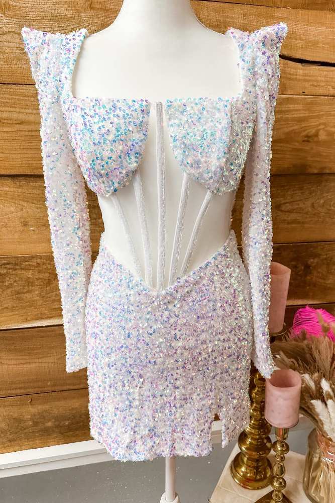 Iridescent White Square Neck Long Sleeves Homecoming Dress Movousdress Iridescent White Square Neck Long Sleeves Homecoming Dress Movousdress