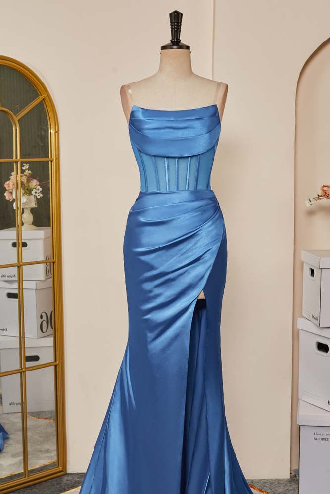 Blue Satin Strapless High Slit Mermaid Long Prom Dress