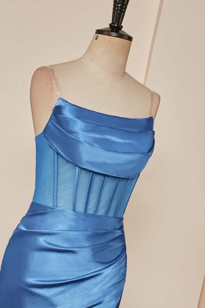 Blue Satin Strapless High Slit Mermaid Long Prom Dress