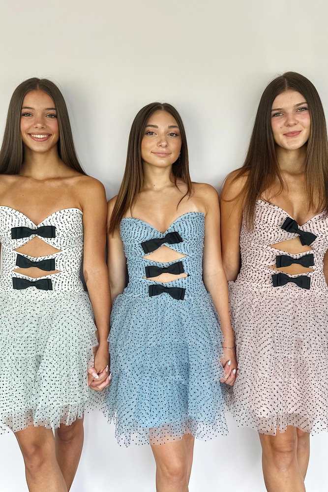 Light Blue Strapless Layered Tulle Homecoming Dress with Black Dot