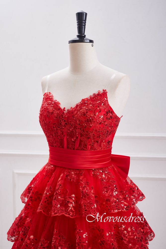 Red Strapless Ruffle Homecoming Dress with Bow