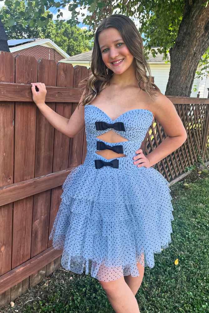 Light Blue Strapless Layered Tulle Homecoming Dress with Black Dot Movousdress Light Blue Strapless Layered Tulle Homecoming Dress with Black Dot Movousdress