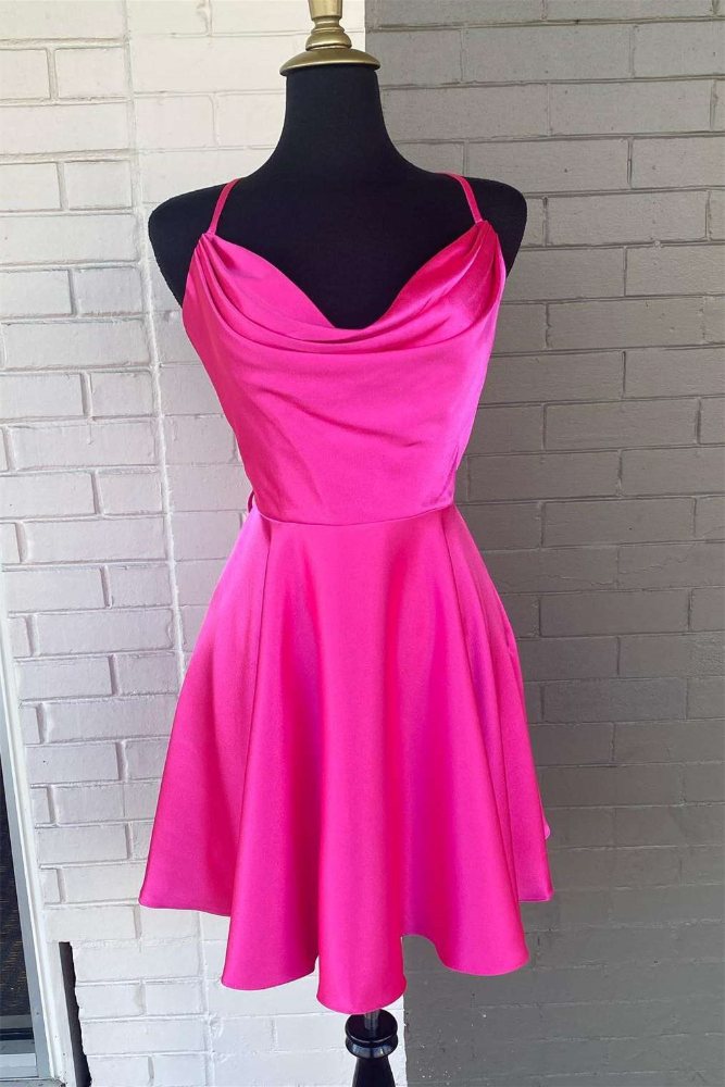 Neon Pink Cowl Neck A-Line Homecoming Dress with Lace-up Movousdress Neon Pink Cowl Neck A-Line Homecoming Dress with Lace-up Movousdress