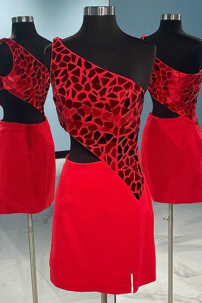 Red One Shoulder Mirror-cut Sequin Tight Homecoming Dress