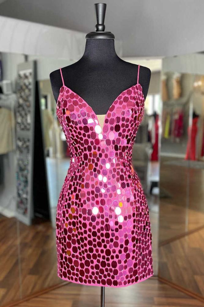 Hot Pink V-Neck Mirror-cut Sequin Bodycon Homecoming Dress Movousdress Hot Pink V-Neck Mirror-cut Sequin Bodycon Homecoming Dress Movousdress