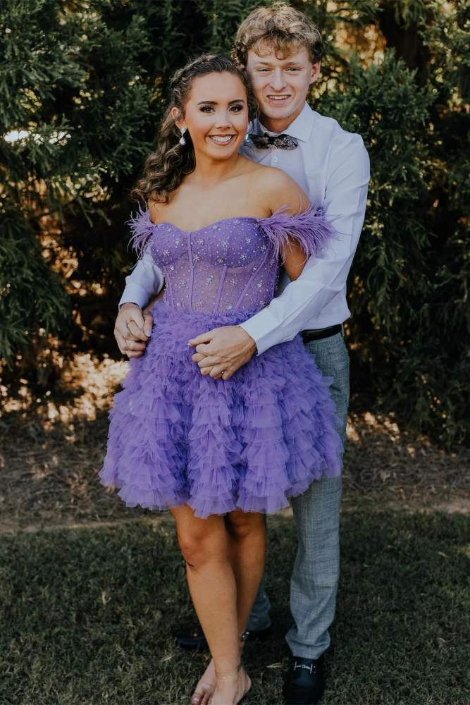 Lavender Off the Shoulder Multi-Layer Homecoming Dress with Feather