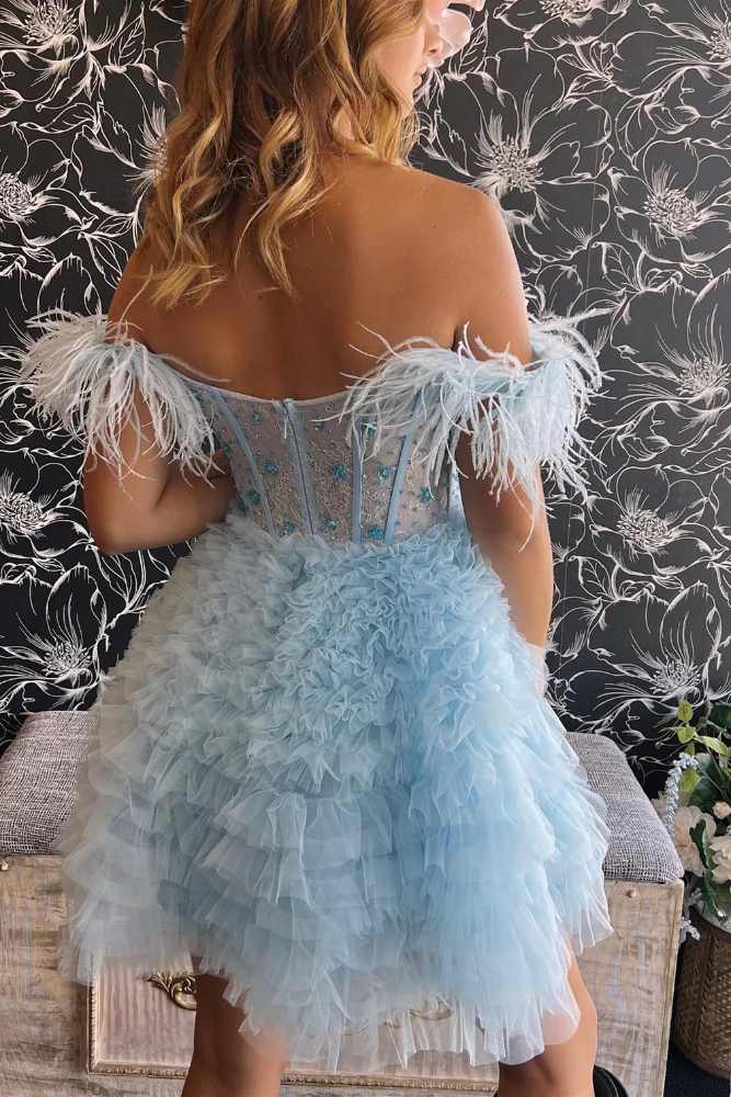 Light Blue Off the Shoulder Multi-Layer Homecoming Dress with Feather