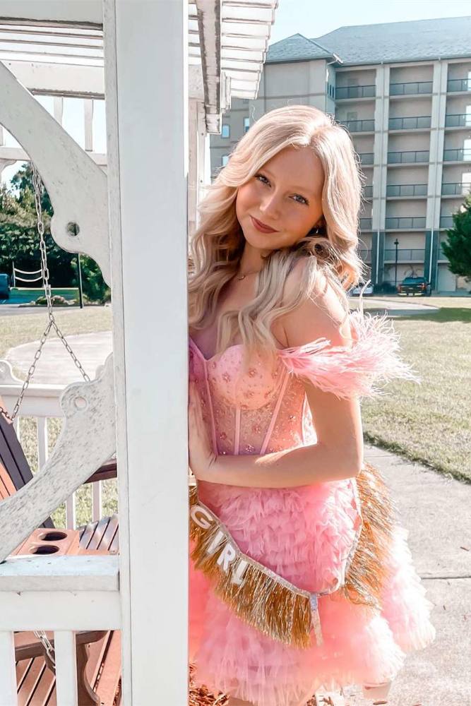 Light Pink Off the Shoulder Multi-Layer Homecoming Dress with Feather