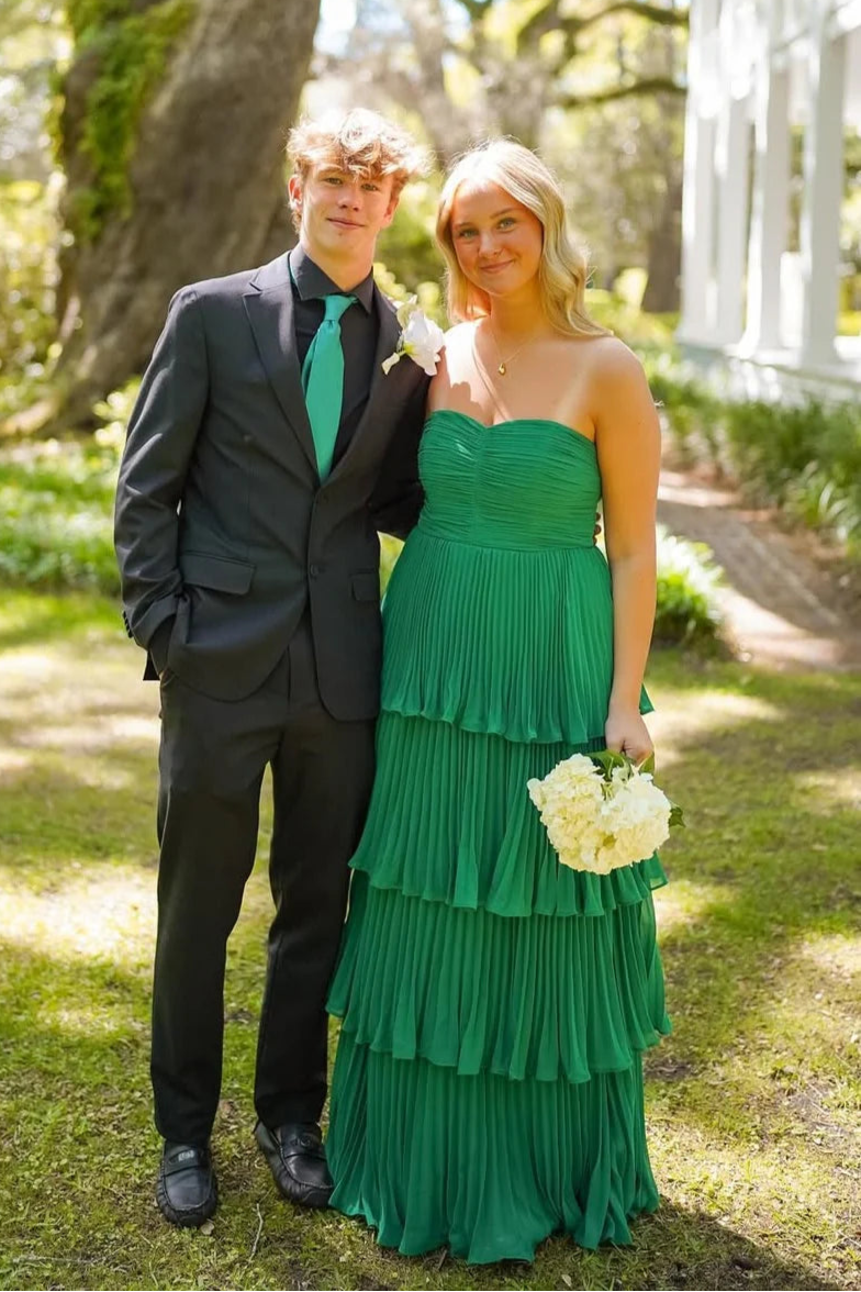 Strapless Hunter Green Chiffon A-line Ruffle Long Prom Dress