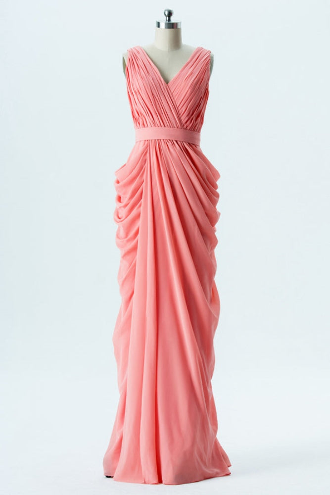 Coral V-Neck Ruched Chiffon Long Bridesmaid Dress