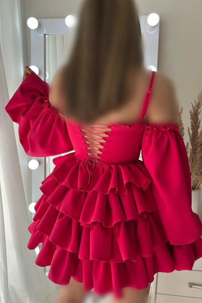 Hot Pink A-line Multi-Layer Homecoming Dress with Long Sleeve