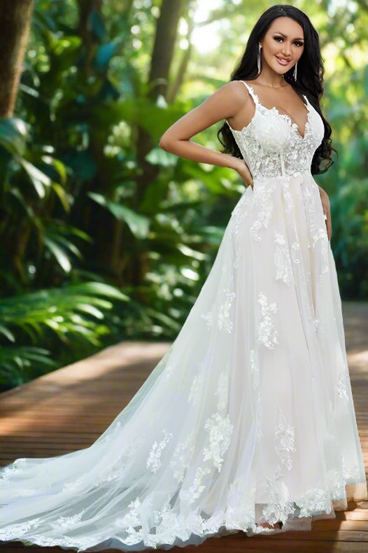 Straps Ivory V-Neck Applique Long Wedding Dress Movousdress Straps Ivory V-Neck Applique Long Wedding Dress Movousdress