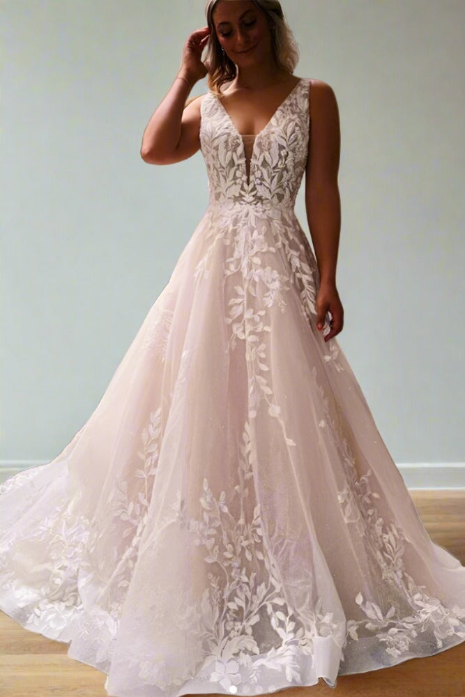 Ivory Plunging Neck A-Line Long Wedding Dress with Backless