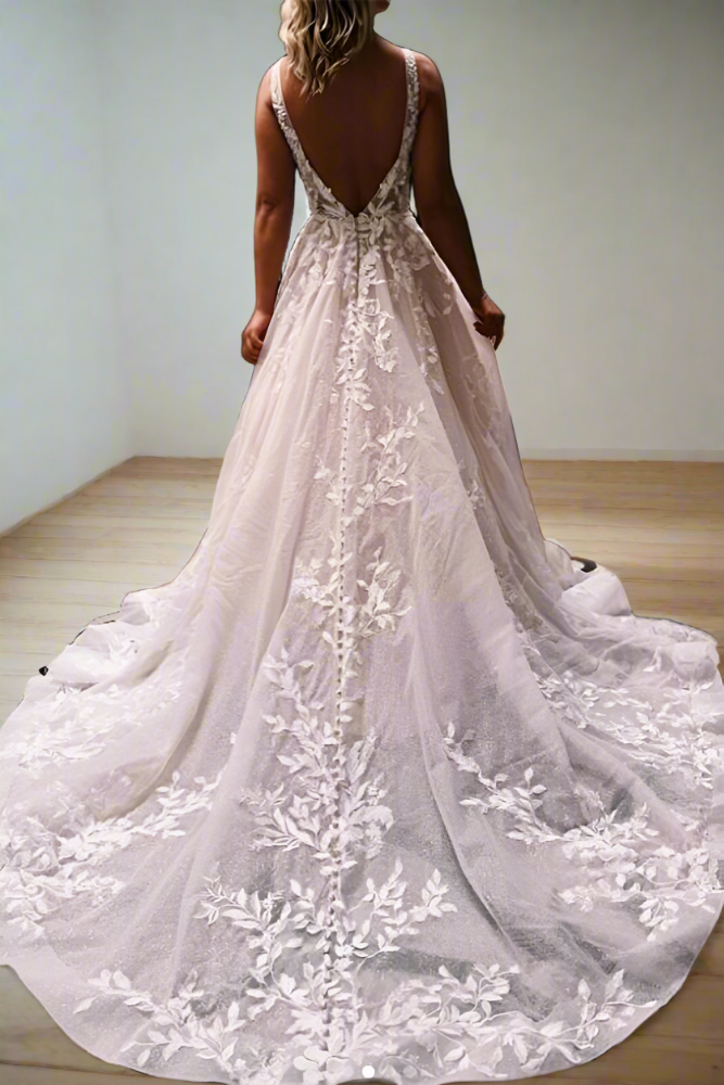 Ivory Plunging Neck A-Line Long Wedding Dress with Backless