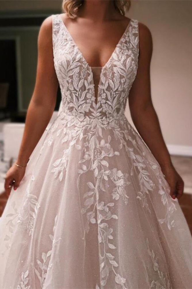 Ivory Plunging Neck A-Line Long Wedding Dress with Backless