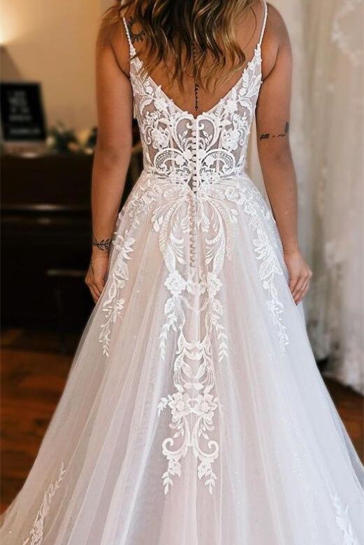 Spaghetti Straps Applique Long Wedding Dress with Slit
