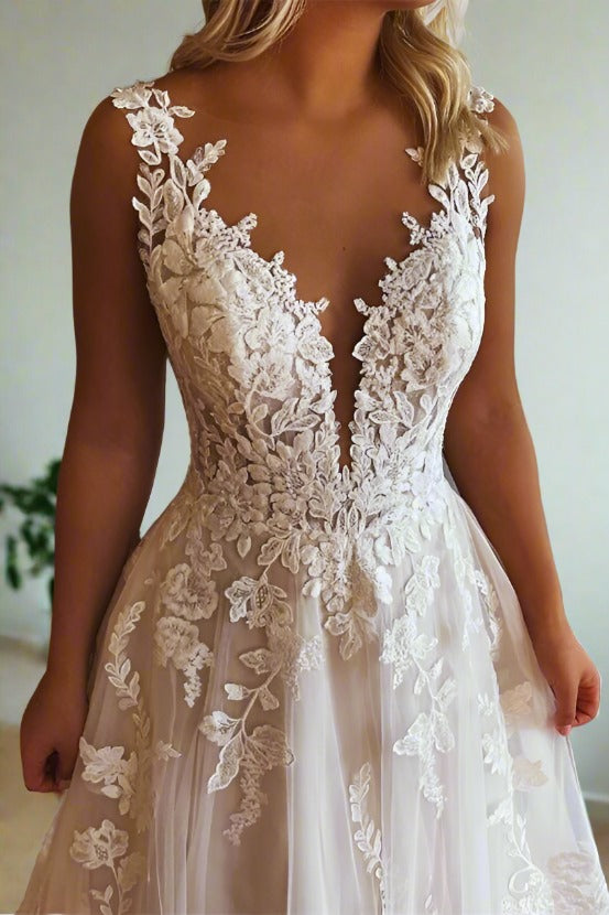 Ivory Plunging Neck Applique A-Line Bridal Dress