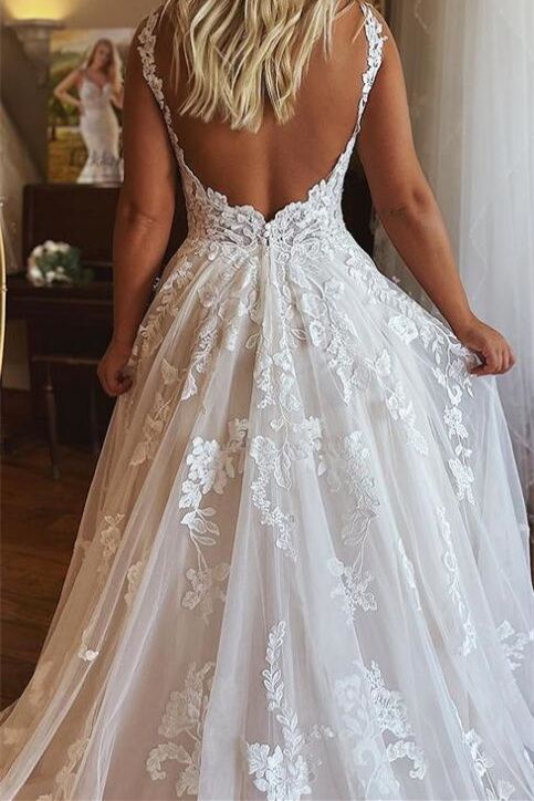 Ivory Plunging Neck Applique A-Line Bridal Dress