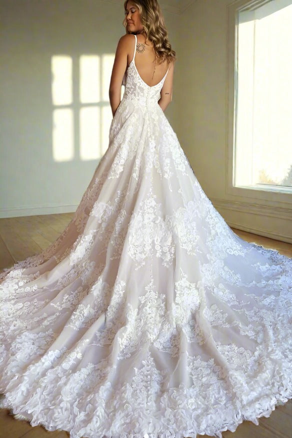 Ivory Spaghetti Straps Lace Wedding Dress with Slit