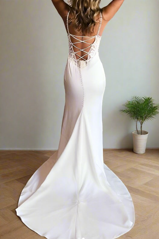 Ivory V-Neck Applique Satin Mermaid Bridal Dress with Slit