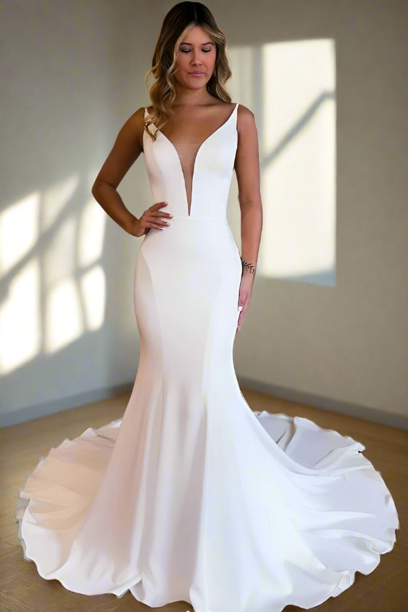 White Plunging Neck Mermaid Wedding Dress with Backless