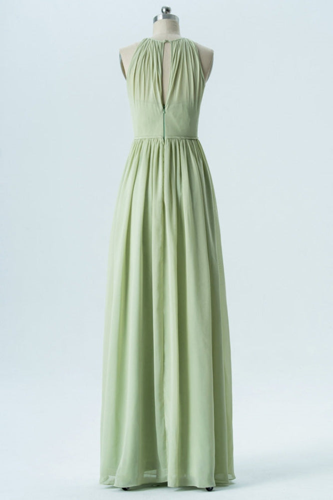 Sage Green Halter Pleated A-Line Bridesmaid Dress