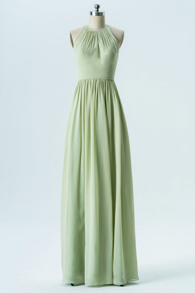 Sage Green Halter Pleated A-Line Bridesmaid Dress