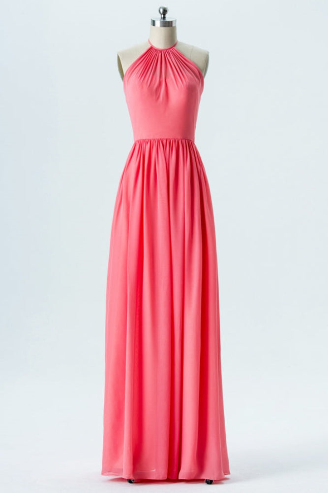 Coral Halter A-Line Chiffon Bridesmaid Dress Movousdress Coral Halter A-Line Chiffon Bridesmaid Dress Movousdress
