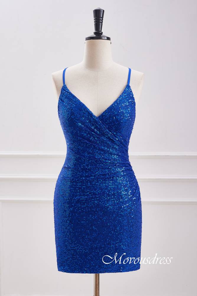 Royal Blue V-Neck Sequin Bodycon Homecoming Dress Movousdress Royal Blue V-Neck Sequin Bodycon Homecoming Dress Movousdress