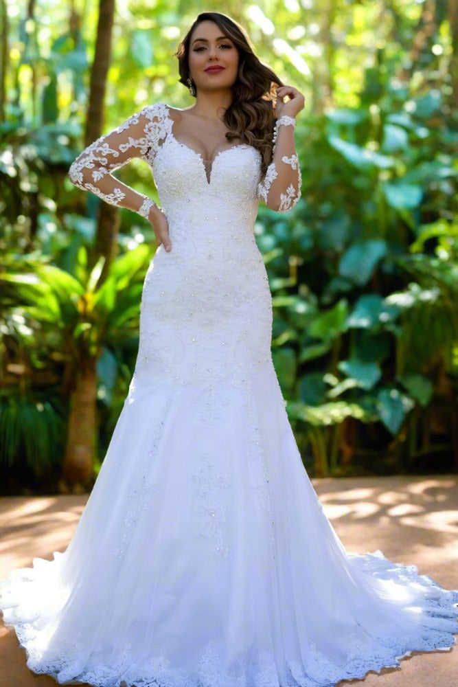 White V-Neck Lace Beaded Mermaid Bridal Dress with Illusion Sleeves Movousdress White V-Neck Lace Beaded Mermaid Bridal Dress with Illusion Sleeves Movousdress