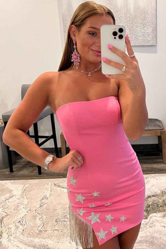 Hot Pink Strapless Tight Homecoming Dress with Tassel Movousdress Hot Pink Strapless Tight Homecoming Dress with Tassel Movousdress