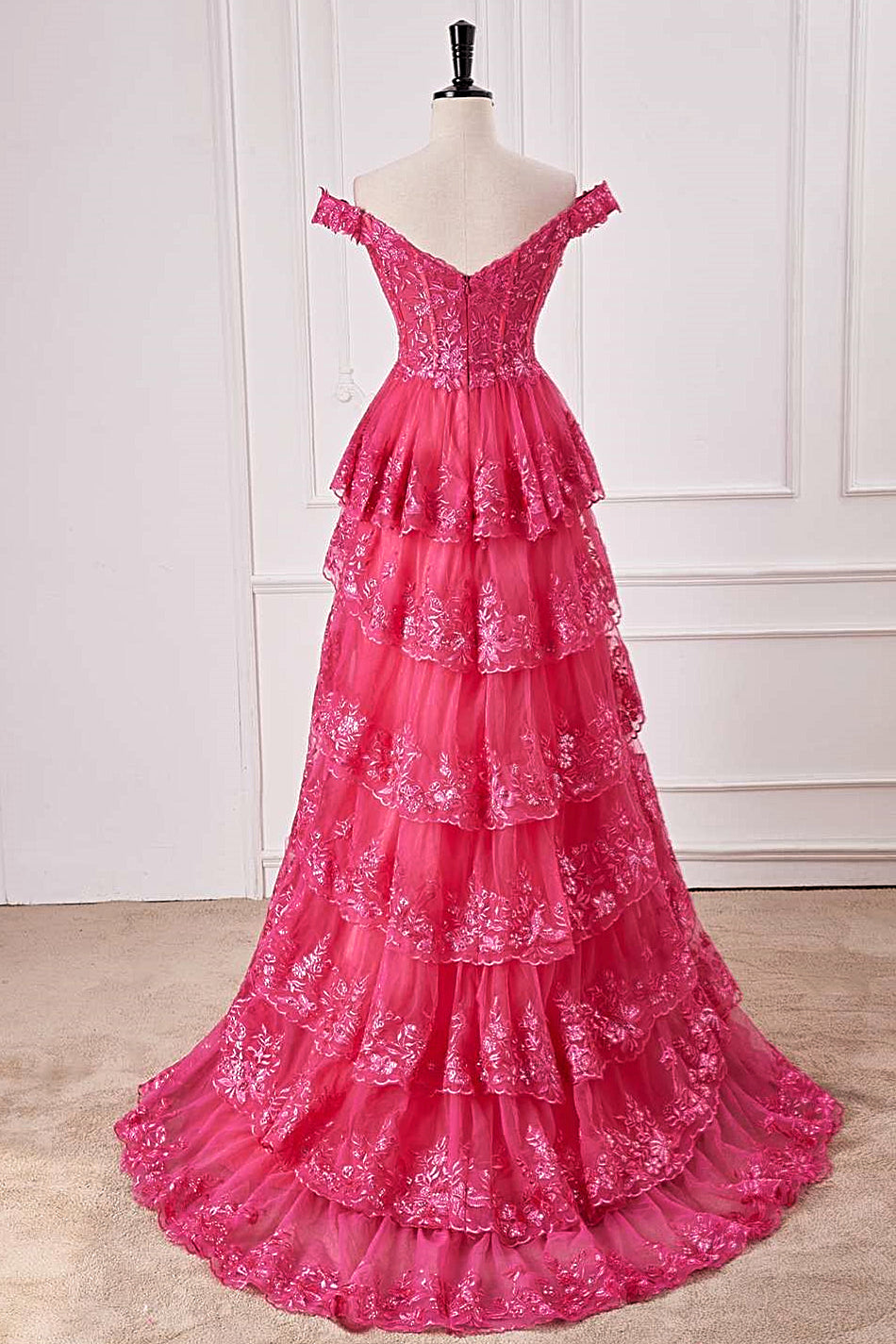 Off-Shoulder Hot Pink Lace Applique Ruffle A-line Slit Long Prom Dress