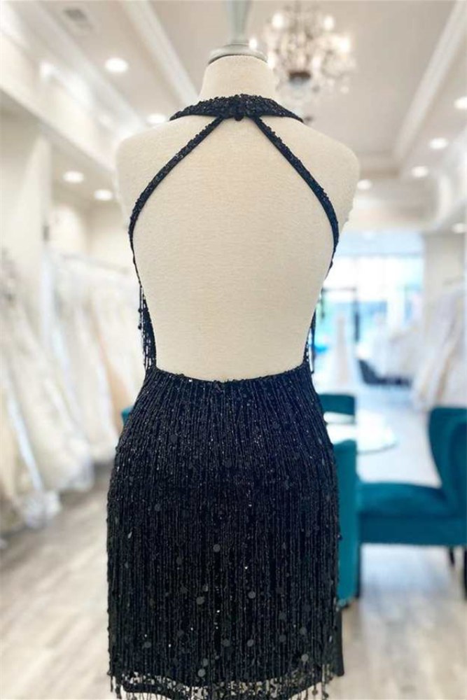 Plunging Neck Black Open Back Homecoming Dress with Tassel