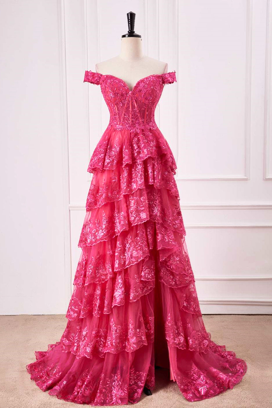 Off-Shoulder Hot Pink Lace Applique Ruffle A-line Slit Long Prom Dress