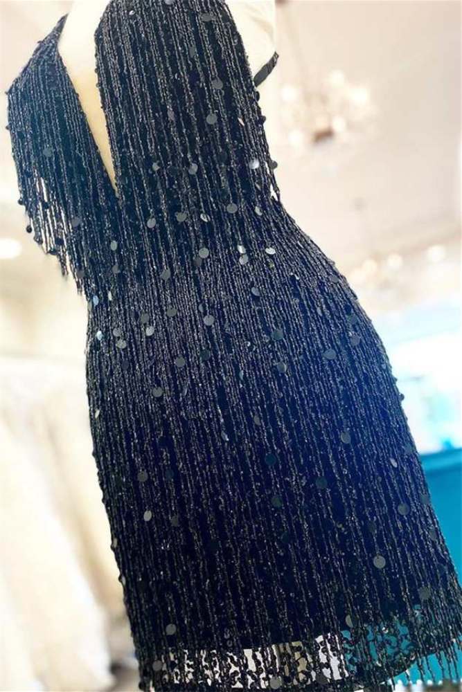 Plunging Neck Black Open Back Homecoming Dress with Tassel