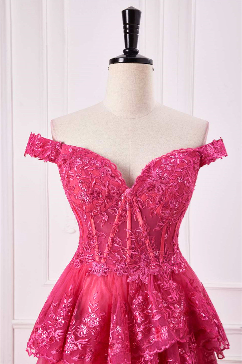 Off-Shoulder Hot Pink Lace Applique Ruffle A-line Slit Long Prom Dress
