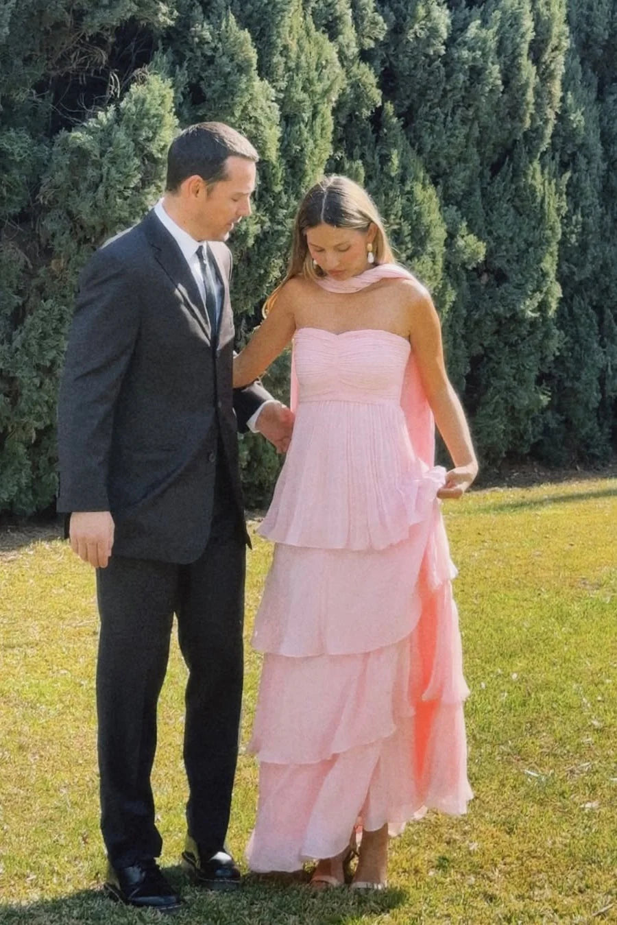 Strapless Hunter Green Chiffon A-line Ruffle Long Prom Dress