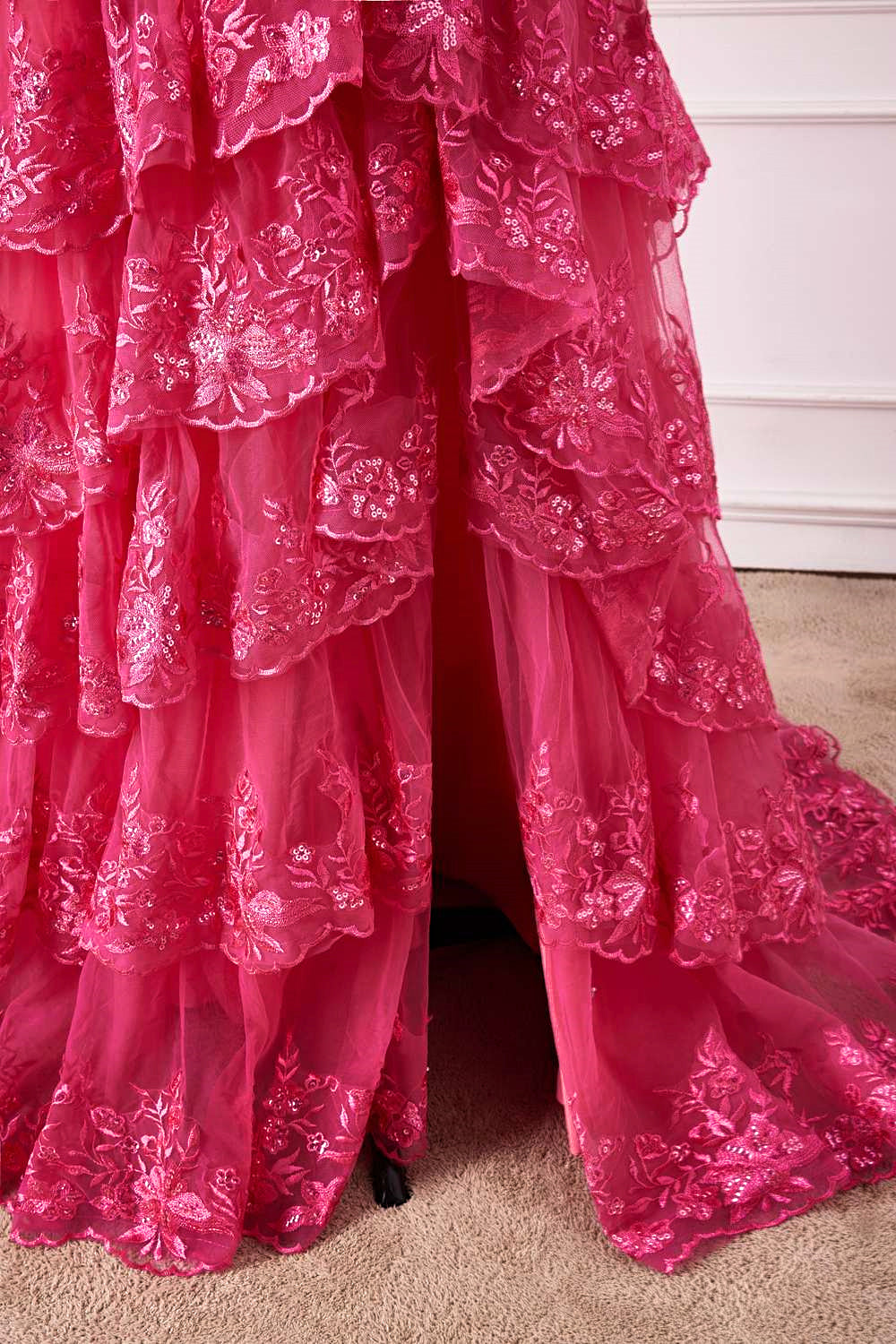 Off-Shoulder Hot Pink Lace Applique Ruffle A-line Slit Long Prom Dress