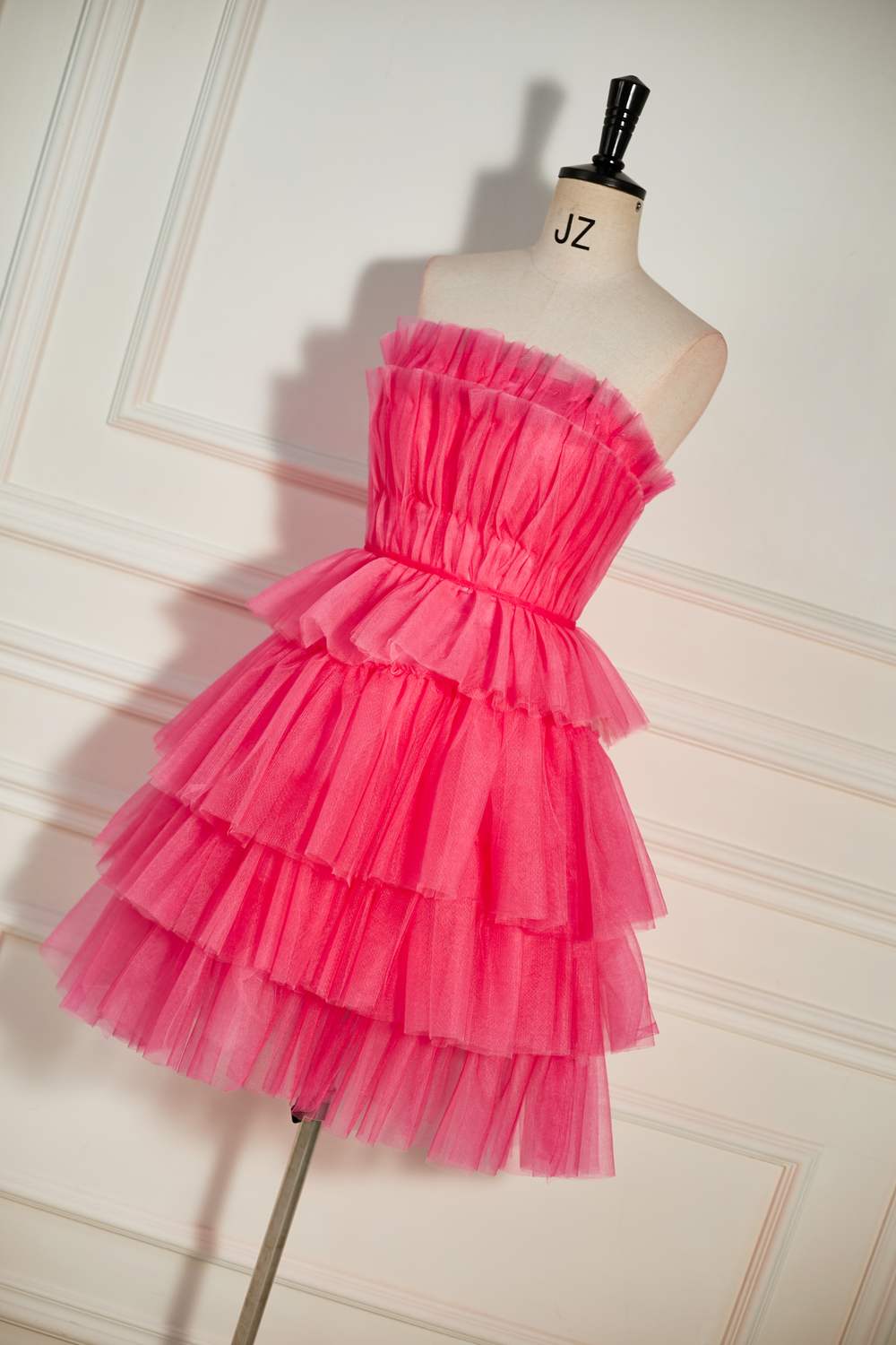 Strapless Watermelon Ruffle A-line Tulle Homecoming Dress