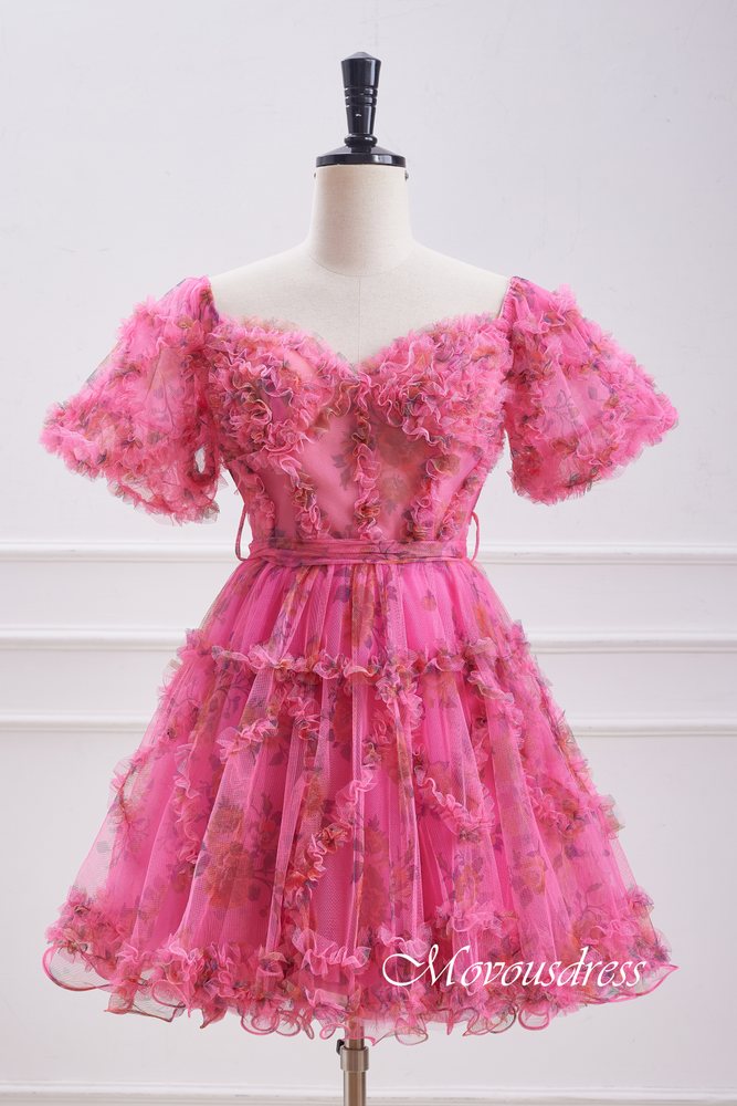 Hot Pink Floral Print Ruffle Homecoming Dress with Bow Movousdress Hot Pink Floral Print Ruffle Homecoming Dress with Bow Movousdress