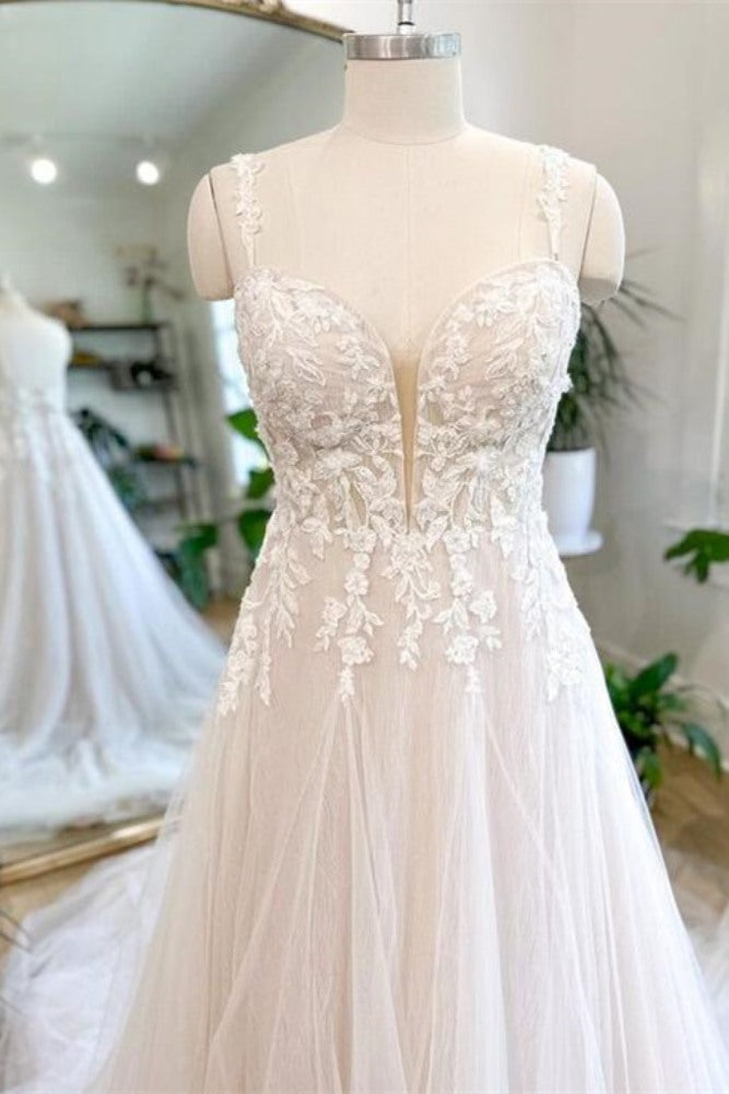 Ivory Straps Applique Tulle Long Wedding Dress
