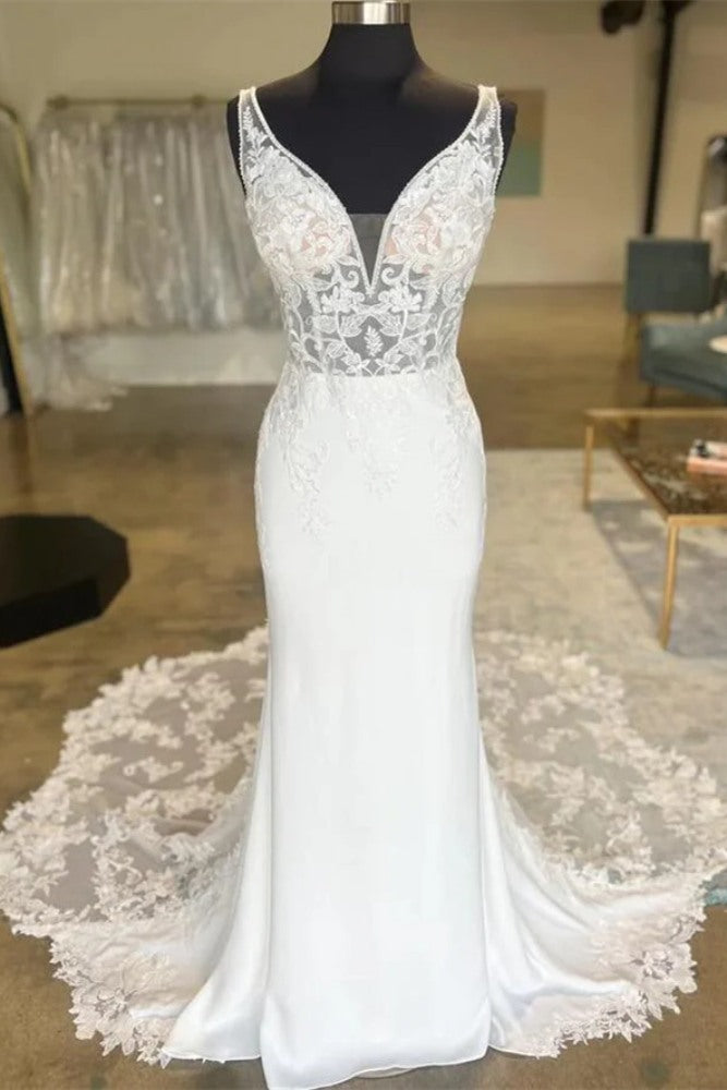 White V-Neck Satin Long Mermaid Wedding Dress