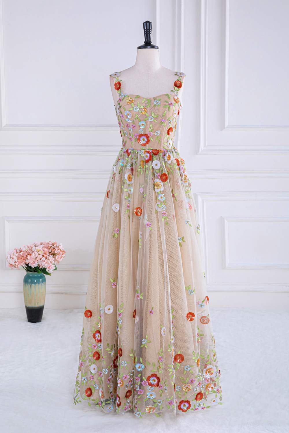 Straps Dusty Pink Tulle embroider A-line Long Prom Dress